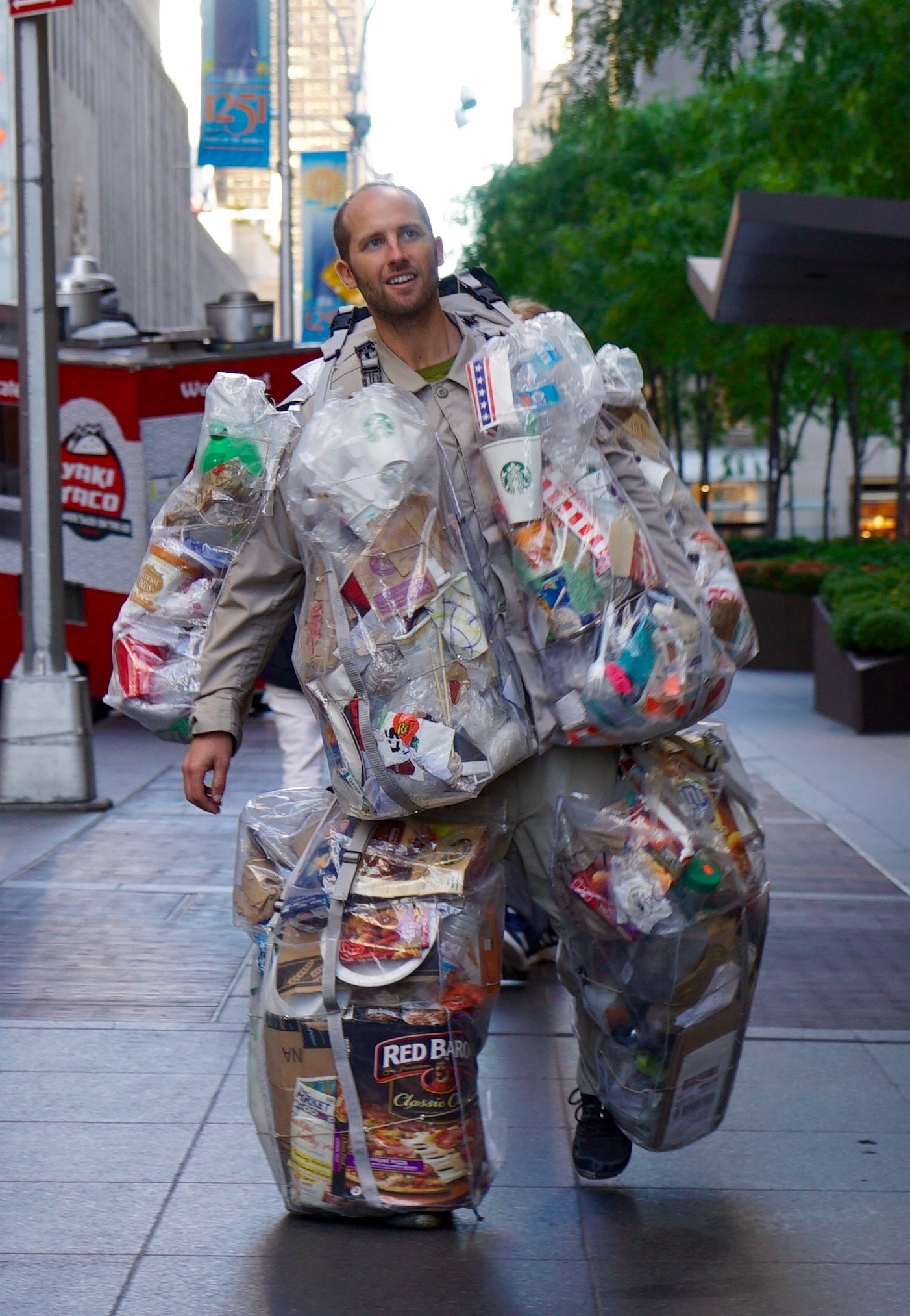 Rob Greenfield in New York City, Trash Me Campaign. Rob is wearing all the trash he created in the past month.