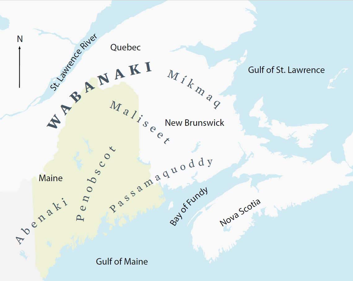Map of the state of Maine, USA and the Canadian provinces of Quebec, New Brunswick, and Nova Scotia overlaid with the Wabanaki Nations, MIkmaq, Penobscot, Maliseet, and Passamaquoddy territories.
