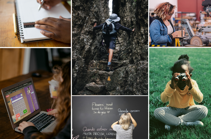 collage image of students engaging in various activities. One student is hiking through a rocky area, one is completing an activity on a computer, one is taking a photo, one is cutting a board of wood with machinery, one is writing or drawing using a ruler, and one is writing in multiple languages on a chalkboard.