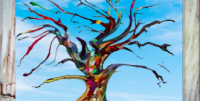 A colorful painted tree with a blue sky and cloud background and a birch bark frame. The title Poet Tree is above and there are two quotes on either side.  The bottom of the image says.  Connecting to Nature Through Poetry and Art.