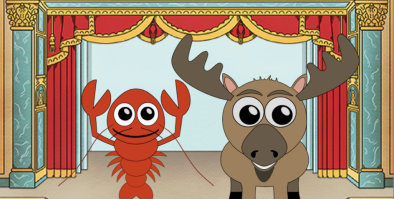 Chummy is a red lobster, Bub is a moose. They are standing on a stage with a red curtain behind them.