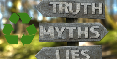 Recycle Symbol next to signs of truth, myths and lies