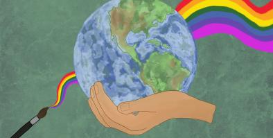 Image is of a hand holding the earth with a paintbrush creating a rainbow in the back ground. 