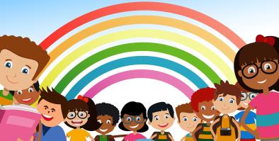 Students with a rainbow