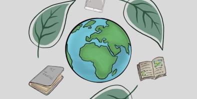 Image of earth with leaves and journals