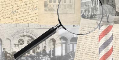 A collage of historical documents covers the background.  There is a magnifying glass in the foreground.