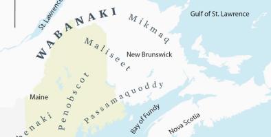 Map of the state of Maine, USA and the Canadian provinces of Quebec, New Brunswick, and Nova Scotia overlaid with the Wabanaki Nations, MIkmaq, Penobscot, Maliseet, and Passamaquoddy territories.