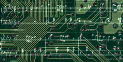 green on green image with data circuits and music notes