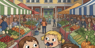 A farmers market in Maine at an elementary school with kids eating blueberries.  With cartoon people. 