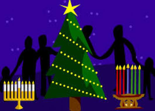 Image of dark sky with silhouetted people holding hands in a line. In the foreground, an evergreen tree decorated with string lights and a star on top, a Menorah on the left side, and a Kinara on the right side.