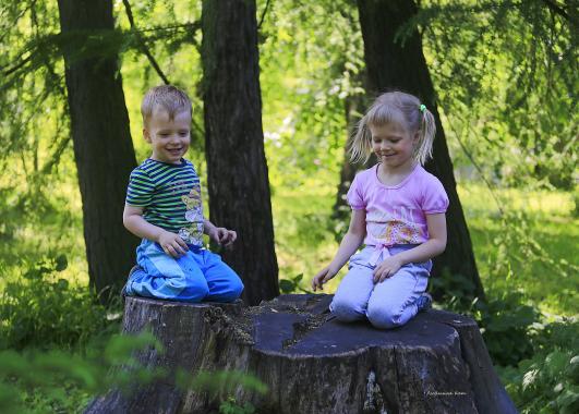 Two children sitting on stumps. 