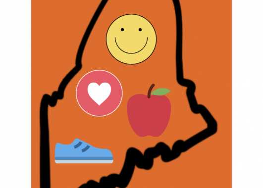 Outline of Maine with A Healthy ME title. Inside the outline there is a smiling face, a heart, an apple, and a sneaker. These represent the various aspects of health.