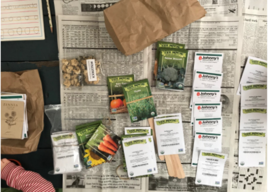 Seed Packets arranged on a newspaper-covered table