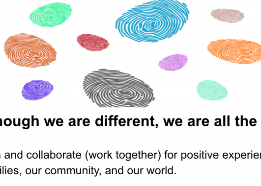 Even though we are different, we are all the same.   Let’s learn and collaborate (work together) for positive experiences  in our families, our community, and our world.