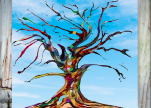 A colorful painted tree with a blue sky and cloud background and a birch bark frame. The title Poet Tree is above and there are two quotes on either side.  The bottom of the image says.  Connecting to Nature Through Poetry and Art.