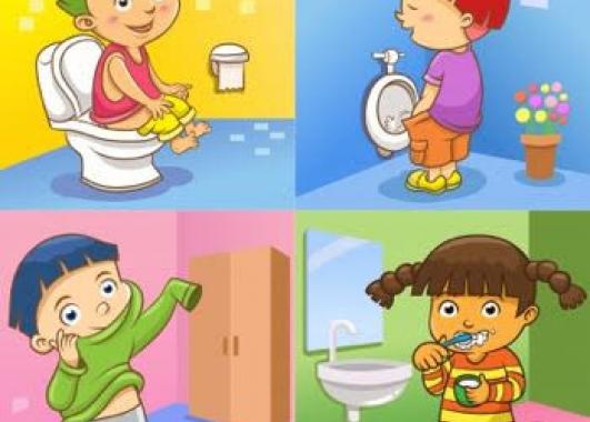 Children engaging in self-care activities: Using the bathroom, getting dressed, and brushing teeth