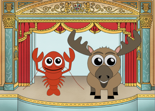 Chummy is a red lobster, Bub is a moose. They are standing on a stage with a red curtain behind them.