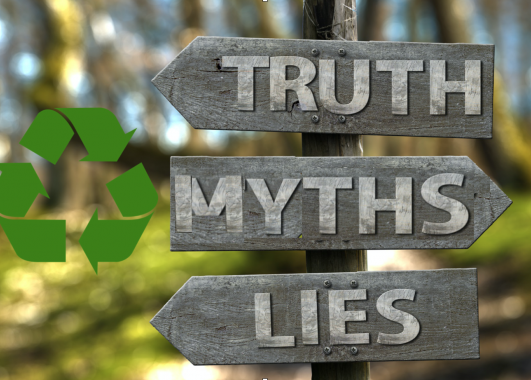 Recycle Symbol next to signs of truth, myths and lies