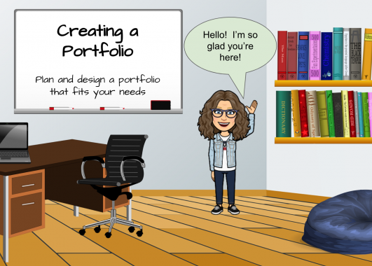 Image of a classroom with a teacher, teacher desk, chair, and laptop, whiteboard with welcome note " Get Hired! Plan and Design a Portfolio", book shelf with books and bean bag chair
