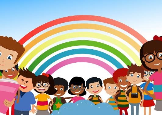 Students with a rainbow