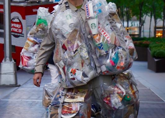 Rob Greenfield in New York City, Trash Me Campaign. Rob is wearing all the trash he created in the past month.